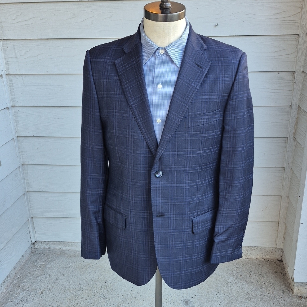 LBM LUIGI BIANCHI MANTOVA Grey Blue Modest‎ Plaid Wool Silk 40 R Mens Sport Coat